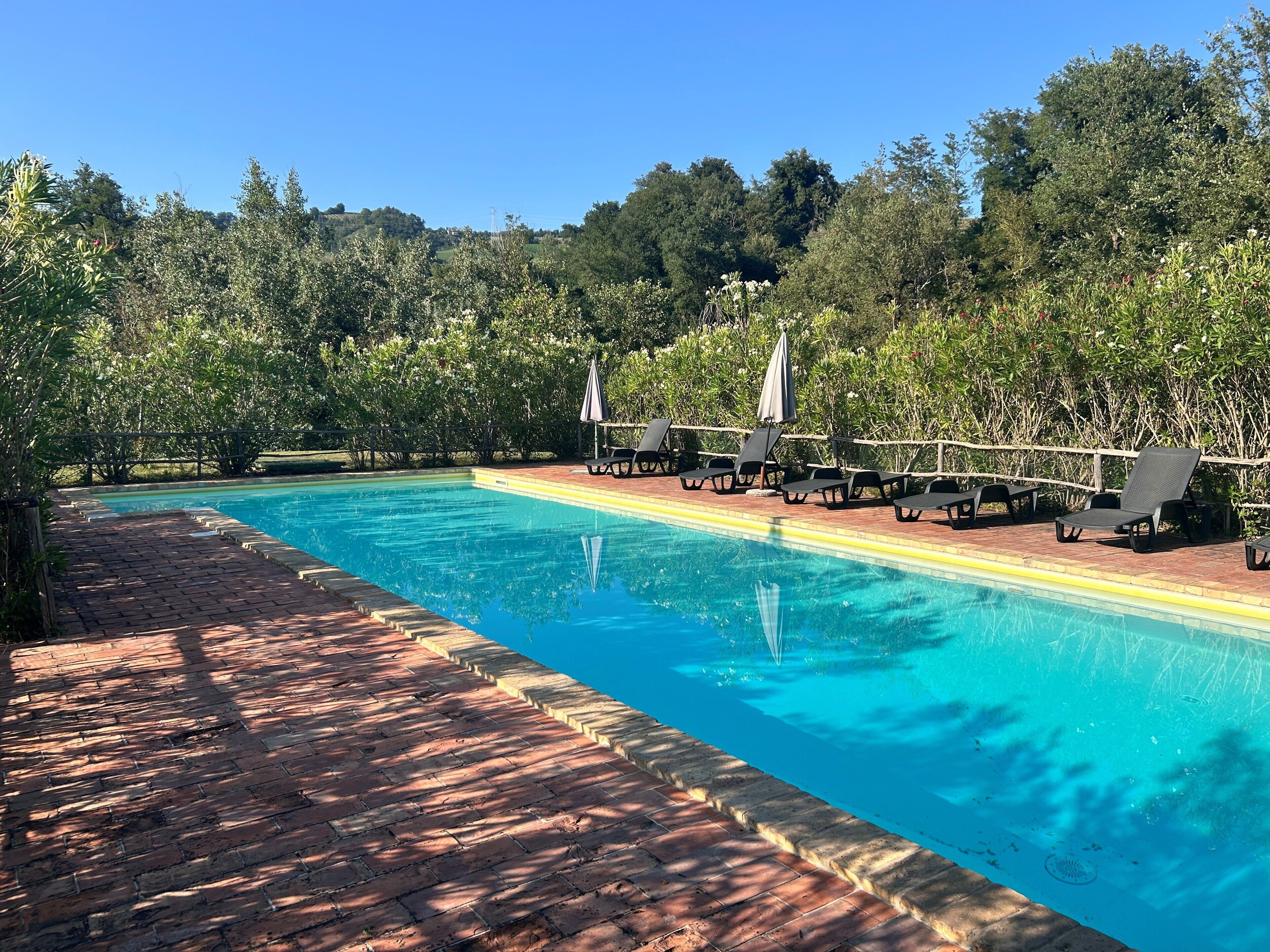 Una piscina con bordo in mattoni e sedie a sdraio.