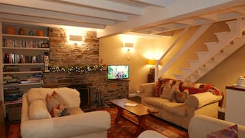 Télévision, cheminée, livres