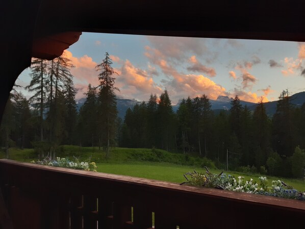 A view from a window overlooking a forested landscape with mountains in the background.