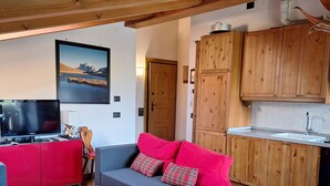 Un salon chaleureux avec un canapé rouge, un canapé bleu et une table basse en bois. On y trouve également un coin cuisine avec des meubles en bois et un évier. Un téléviseur est fixé au mur, et un tableau encadré est accroché au-dessus du canapé.