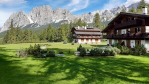Un chalet traditionnel avec une façade en bois, un balcon agrémenté de jardinières et une vue sur une chaîne de montagnes.