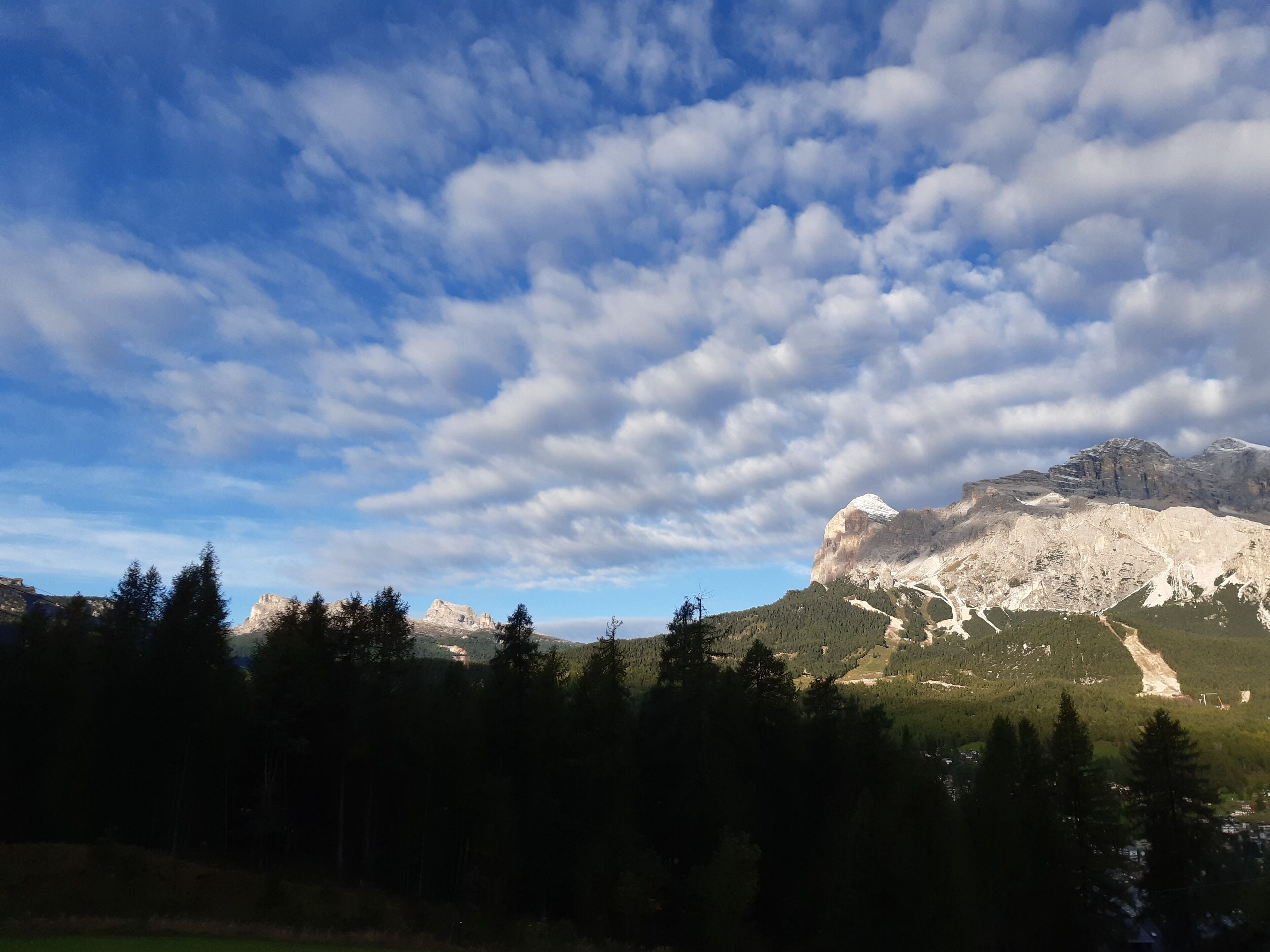 Un paysage montagneux, avec un ciel dégagé et une forêt dense.