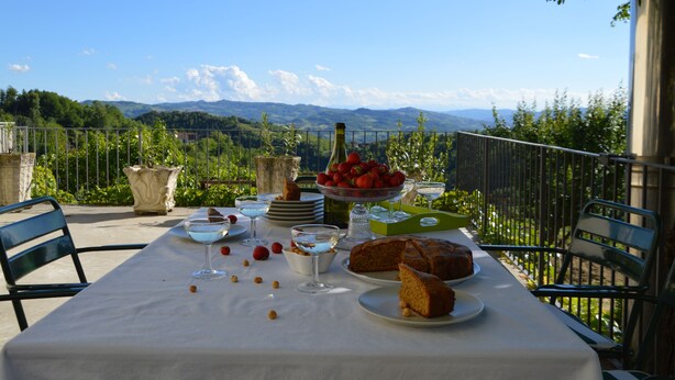 A table set outdoors with a scenic view, including a bowl of strawberries, a loaf of bread, and various glasses.