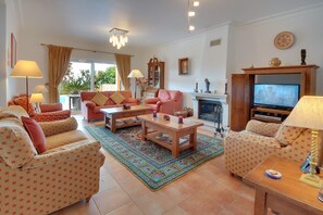 Fernseher, Kamin, DVD-Player, Bücher