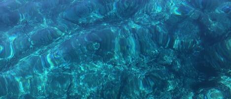 Vista clara de una masa de agua con formaciones visibles bajo el agua.