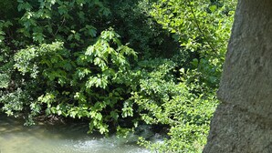 A view of a river with surrounding greenery, viewed through a window with stone walls. - In Uzès, quiet, loft in independent 18th century mill with 15mx3m swimming pool (Uzès)