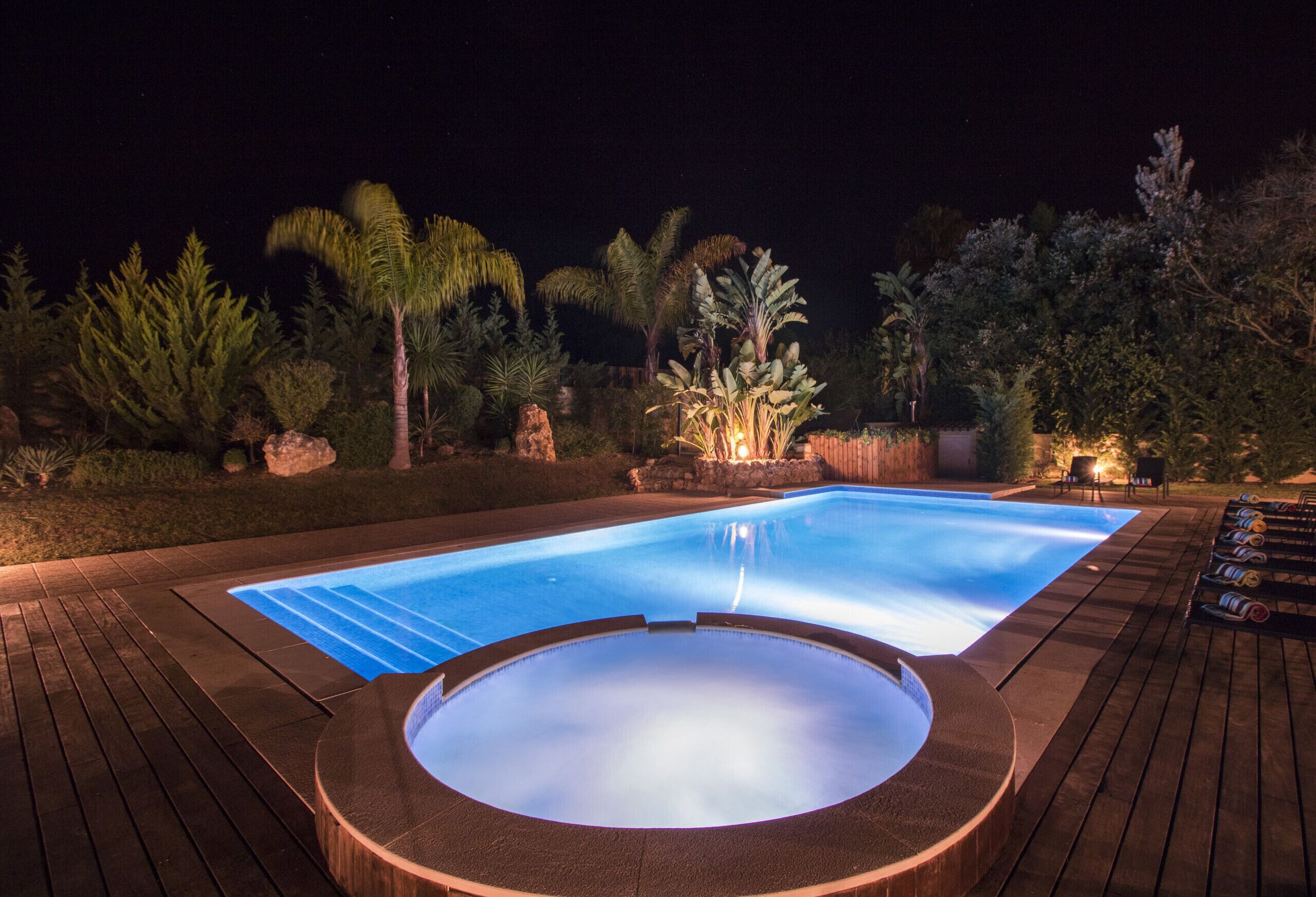 Une piscine avec un jacuzzi, entourée d’une terrasse en bois et de plantes tropicales.