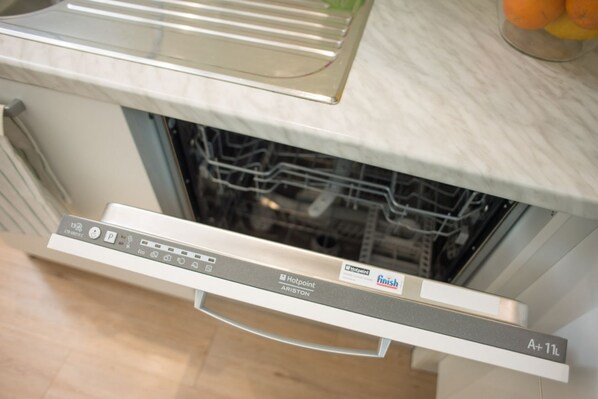 A modern kitchen with a built-in dishwasher and a stainless steel sink. - La Corte di Zizi-apartament Castello: perfect for couples or young families (Cernobbio)