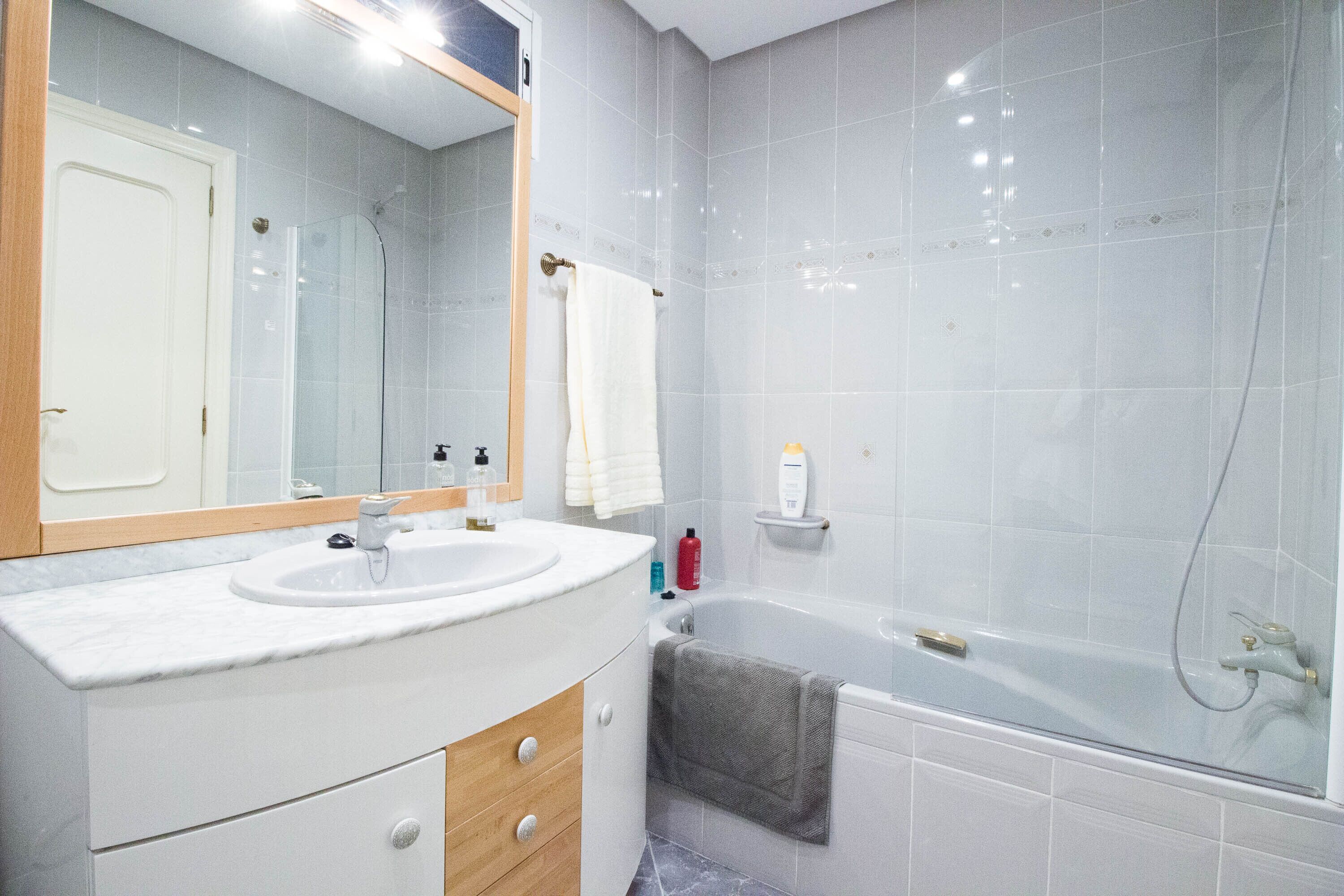 Combined shower/tub, hair dryer, bidet, towels