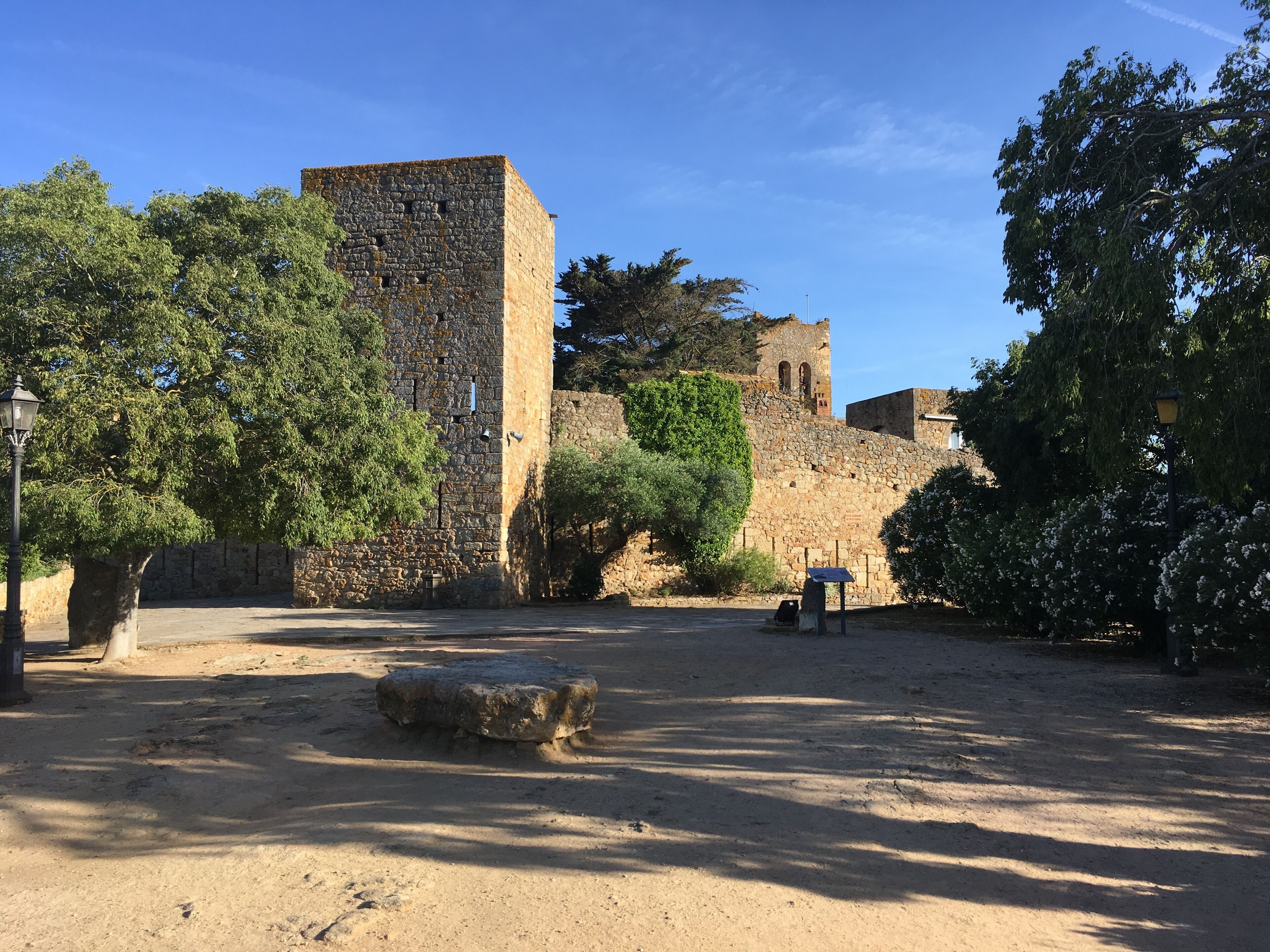 An outdoor courtyard with a stone wall, a large tree, and a small building.