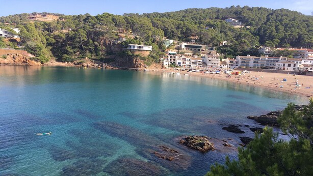 A coastal area with clear turquoise waters, rocky shorelines, and buildings on a hillside.