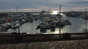 Un port de plaisance où sont amarrés de nombreux bateaux, un pont en arrière-plan et un ciel dégagé.