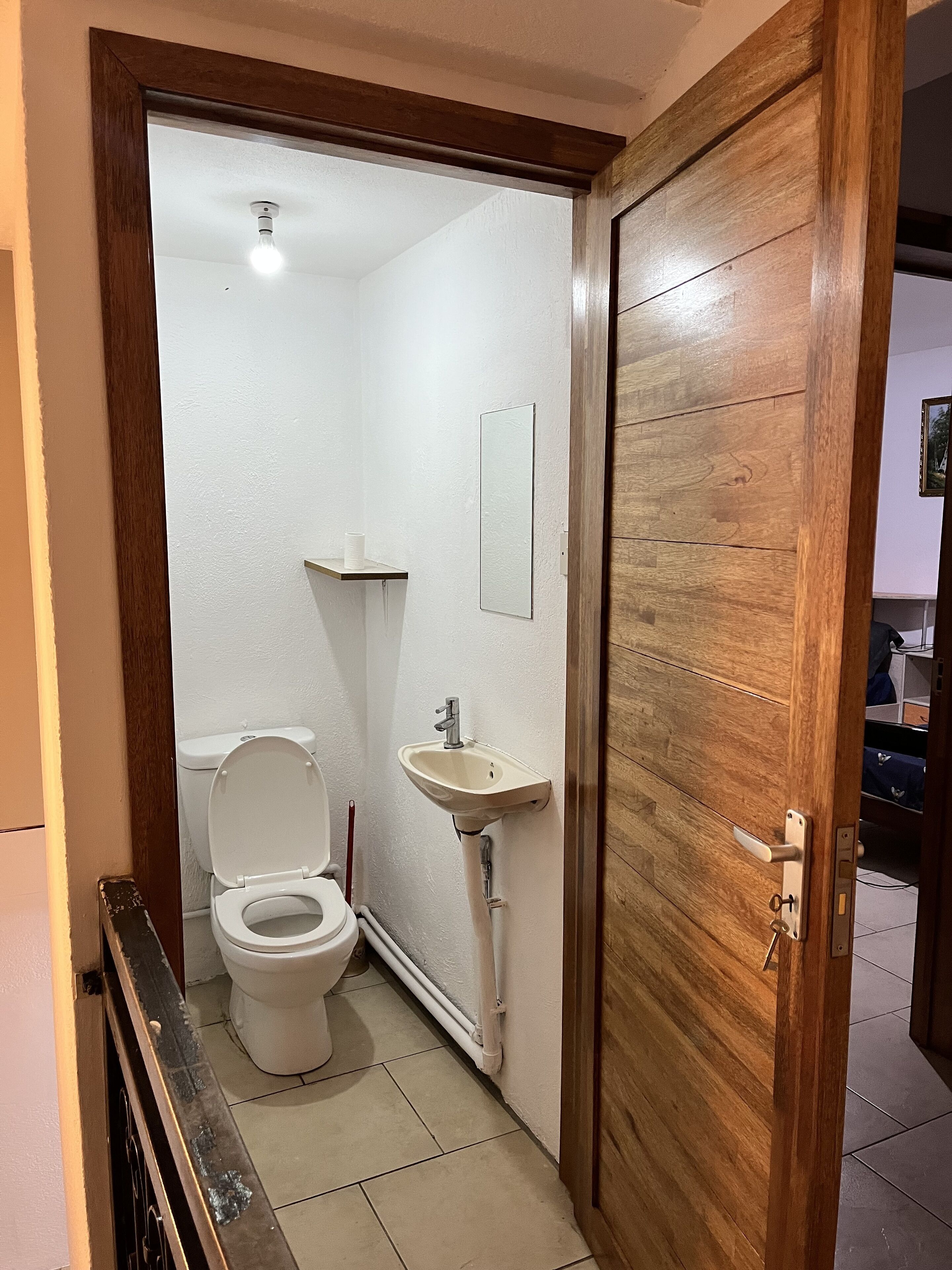 A small bathroom with a toilet, sink, and mirror.