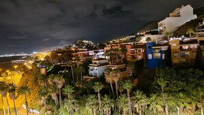Un quartier résidentiel en bord de mer, avec des maisons construites sur une colline, dotées de balcons et entourées d’une végétation luxuriante.