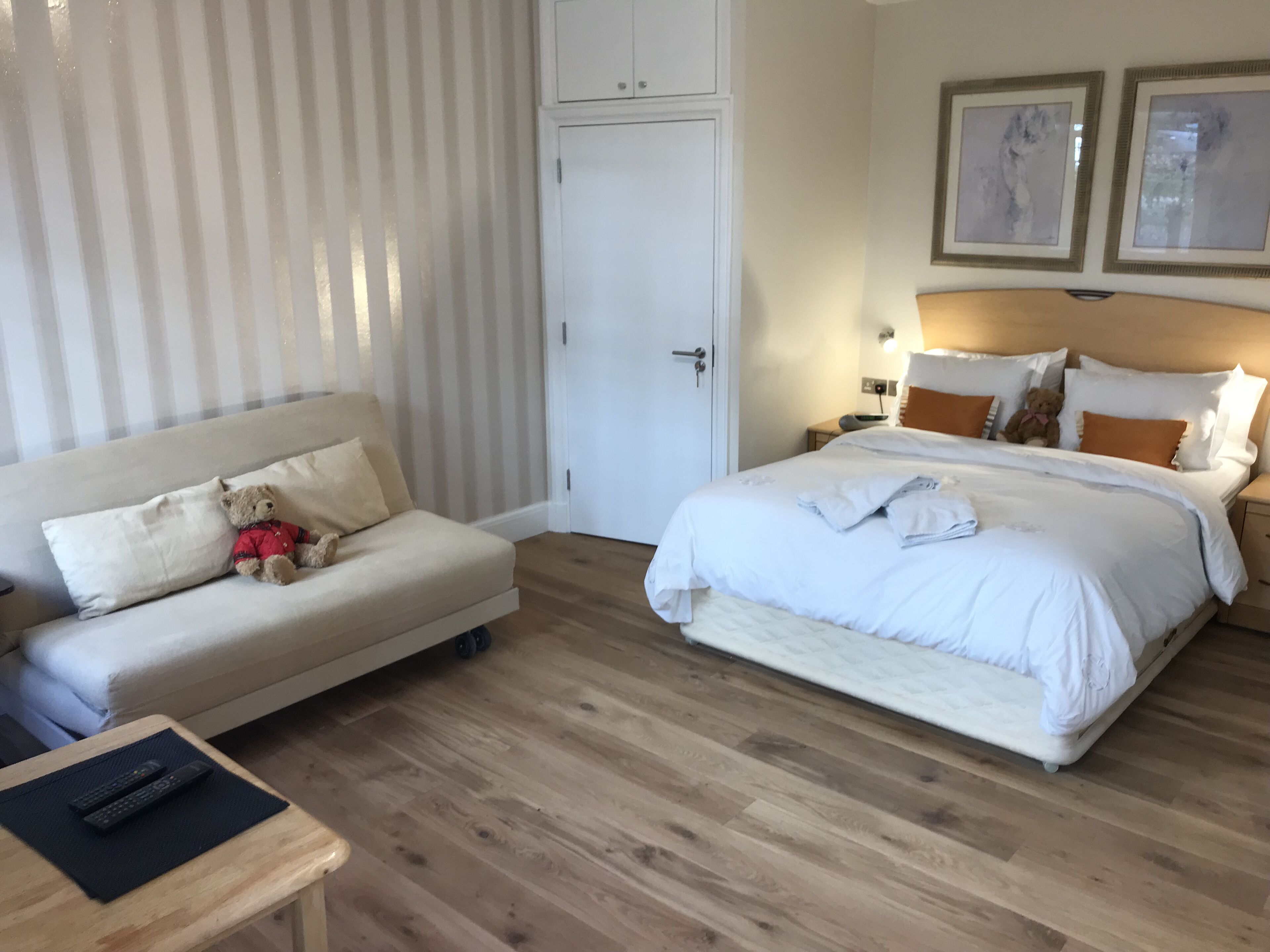 A hotel room with a bed, a sofa, a small table with a remote control, and a wardrobe.