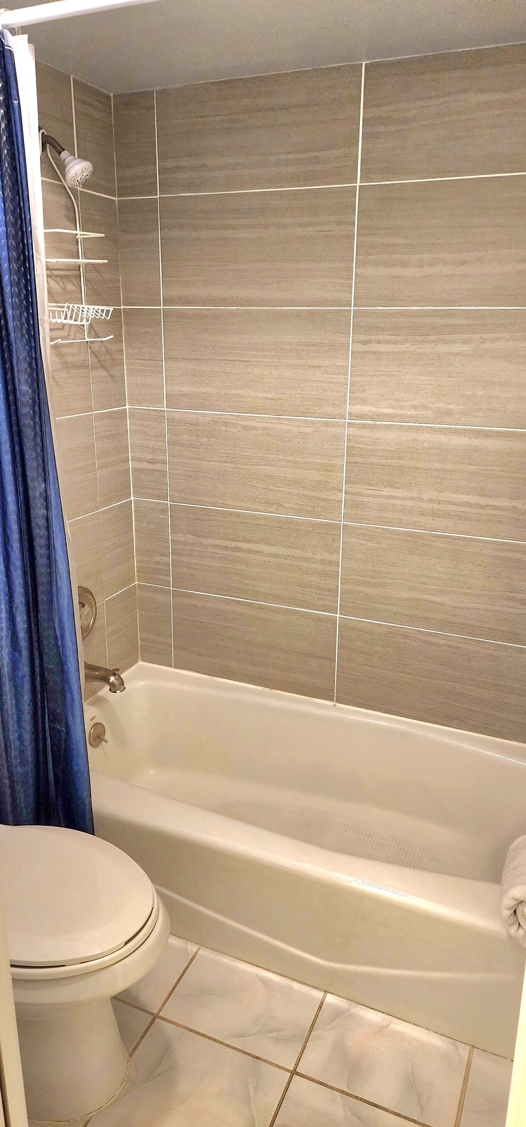 Ein Badezimmer mit Badewanne, Toilette und Dusche.