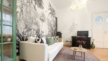 Een smart-tv, een open haard, een dvd-speler en boeken