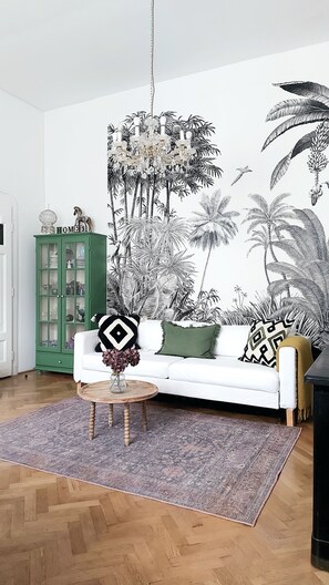 Smart-tv, een open haard, een dvd-speler en boeken