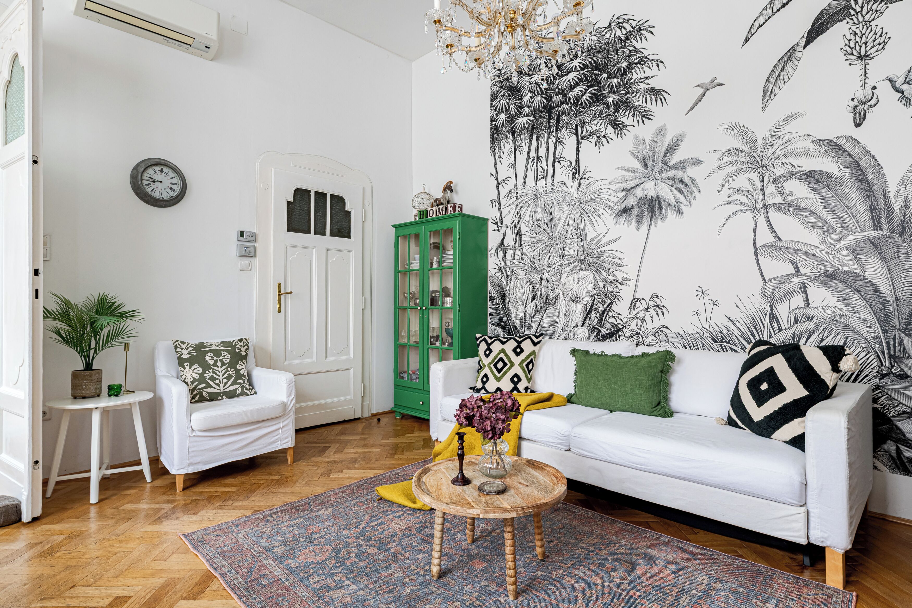 Smart TV, chimenea, reproductor de DVD, libros