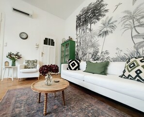 Smart-tv, een open haard, een dvd-speler en boeken