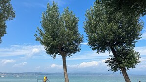 A beach with trees, a sandy area, and a view of the sea. - Apartment with direct access to lake and close to dog park  (Sirmione)