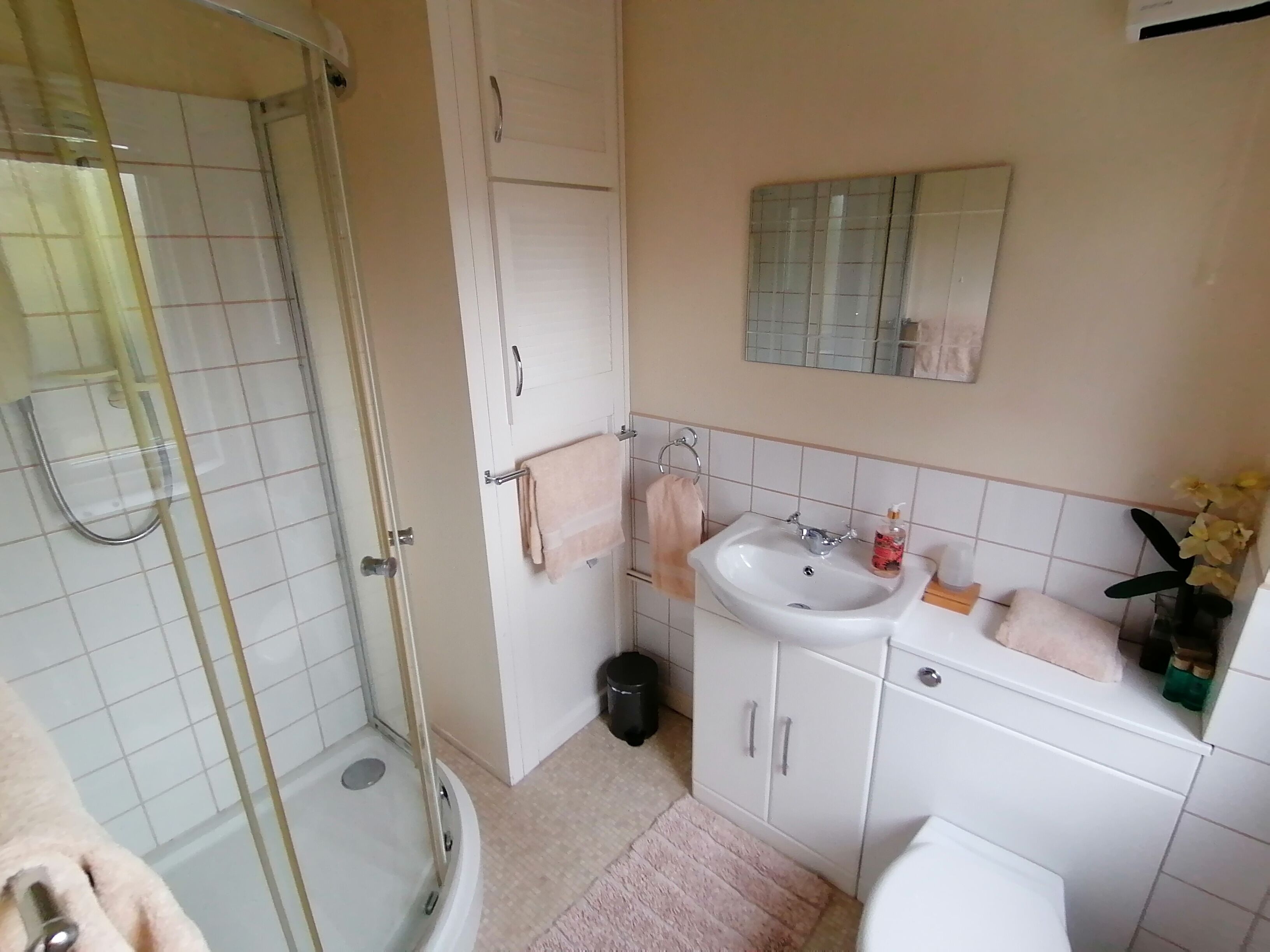 Hair dryer, towels, soap, toilet paper