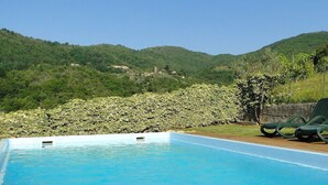 A swimming pool with a view of a lush green hillside and a stone wall. - Villa, private pool,mountain views. Aircon included in price. Visit cinqueterre! (Vigneta)