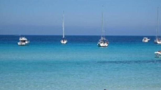 A beach with several sailboats anchored in the water and people swimming in the shallow area near the shore. - Apartment/ flat - Sartène (Sartène)