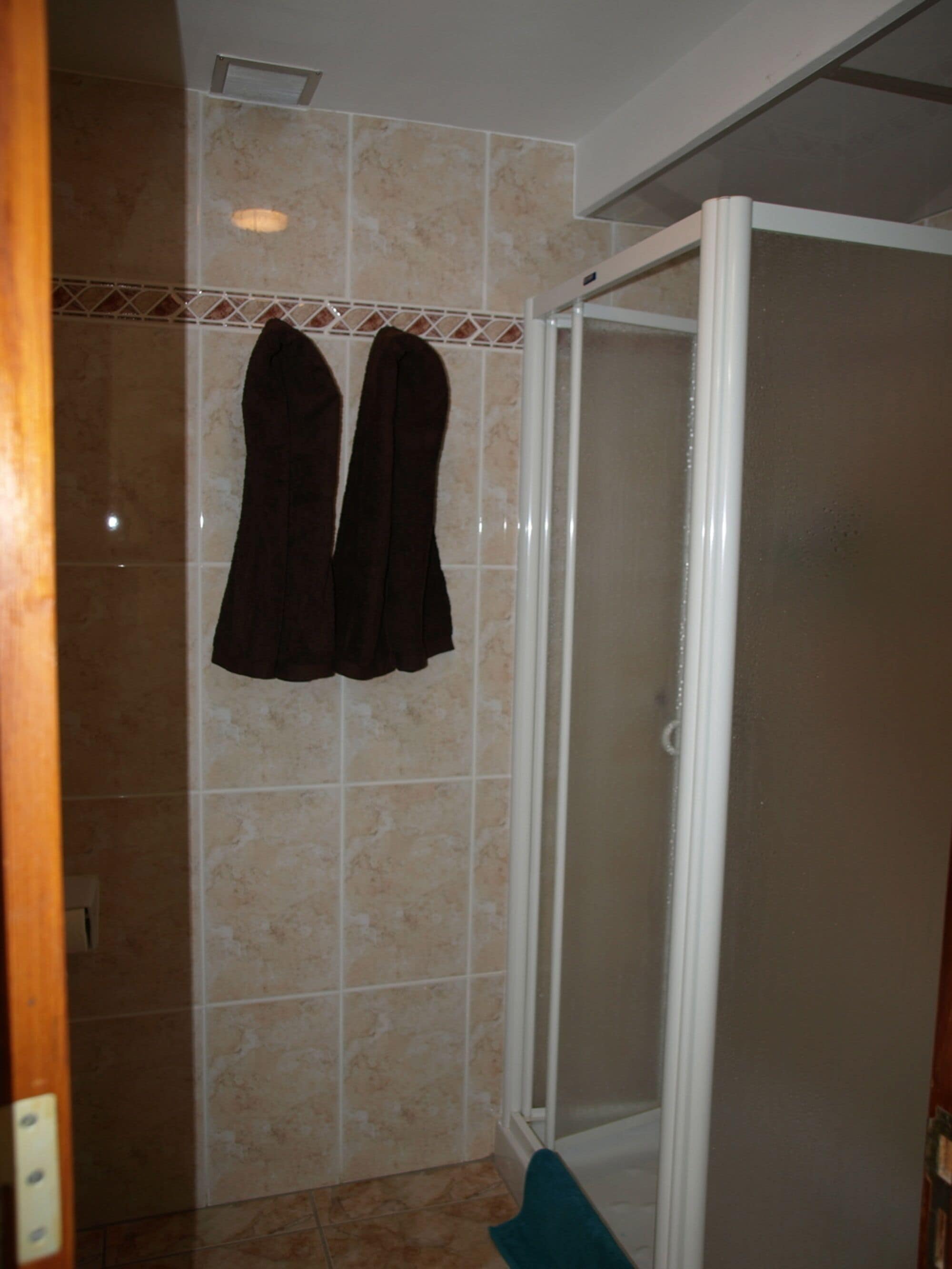 Une salle de bain avec une douche, des murs carrelés et un porte-serviettes avec deux serviettes.