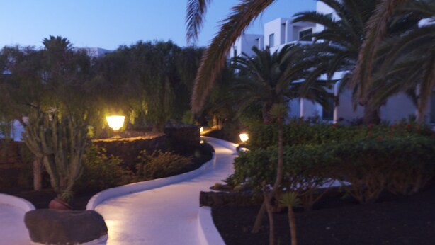 A pathway flanked by palm trees and illuminated by warm lights, leading to a building. - Thomas Beach House Costa Teguise (Costa Teguise)