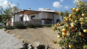 Un bâtiment blanc avec un toit en pente et un patio couvert.