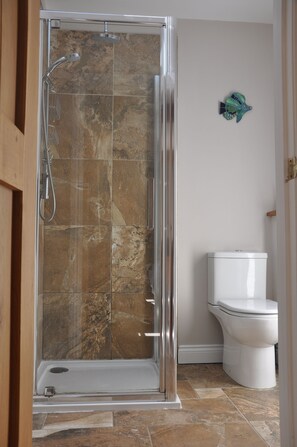 Een douche, handdoeken, zeep, toiletpapier