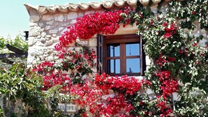 Una casa de piedra con una ventana y flores rojas.