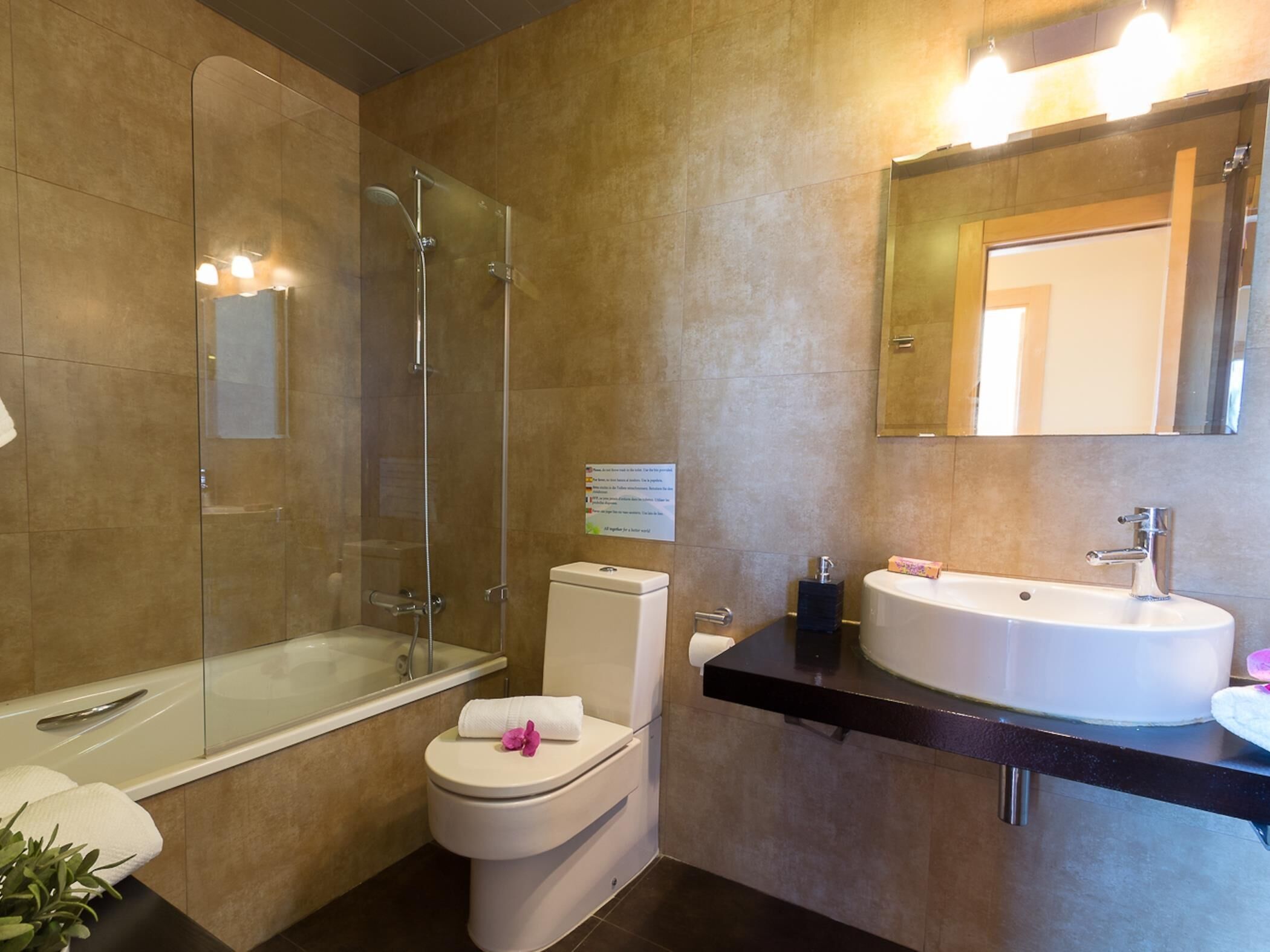A modern bathroom with a glass-enclosed shower, a white toilet, a sink with a mirror, and a potted plant.