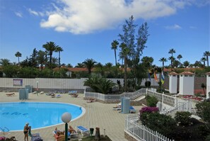 A swimming pool area with lounge chairs and palm trees.