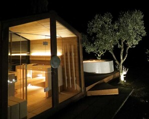 Una estructura moderna con paredes de vidrio y un interior de madera, un área de estar circular y un árbol cercano.