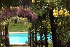 A heated pool, sun loungers