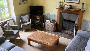 TV, fireplace, DVD player, books