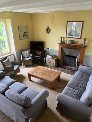 Fernseher, Kamin, DVD-Player, Bücher