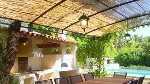 An outdoor patio with a dining table, chairs, a grill, and a pool.