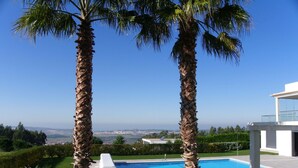 Une maison moderne avec une piscine, des palmiers et une vue sur la ville.