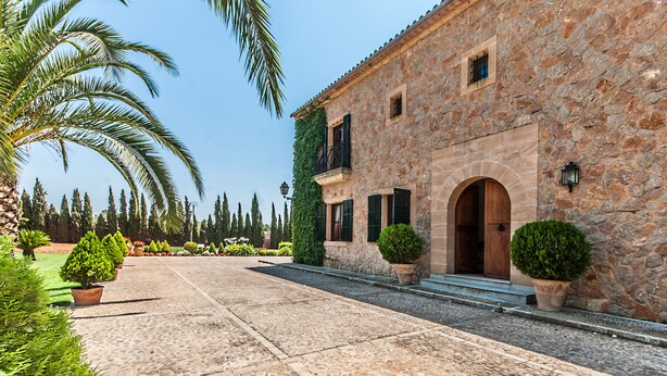 A stone building with a courtyard, potted plants, and a palm tree.