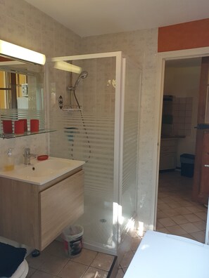 Douche, sèche-cheveux, serviettes fournies, papier toilette