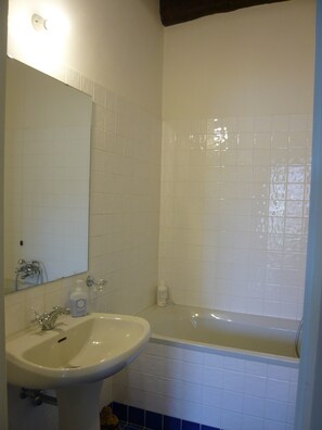 Bathtub, hair dryer, bidet, towels