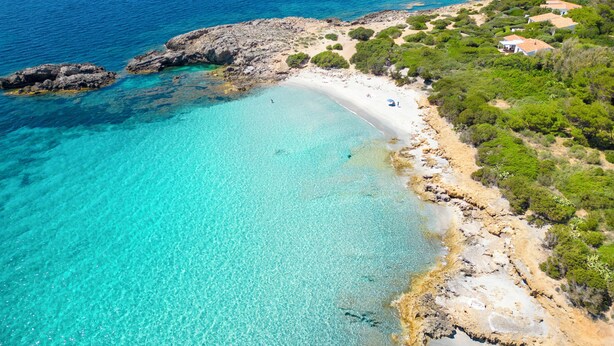 Luchtbeeld van een kustgebied met helder turquoise water, een zandstrand en verspreide begroeiing.