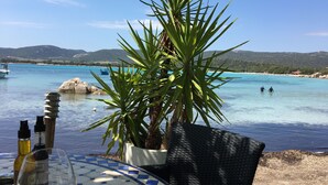 Una mesa con botellas de vino y una copa, una planta en maceta, y vistas de un mar azul claro con barcos y gente al fondo.