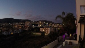 Une vue nocturne d’une ville côtière, avec ses bâtiments et un balcon doté d’une balustrade et de plantes en pot.