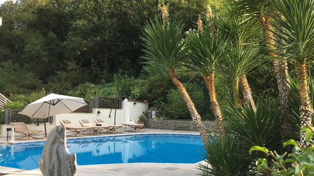 A swimming pool with lounge chairs and an umbrella, surrounded by greenery and a stone fish sculpture. - Large Luxury Stone Villa With Private Infinity Pool And Sea Views (Southern Coastal)