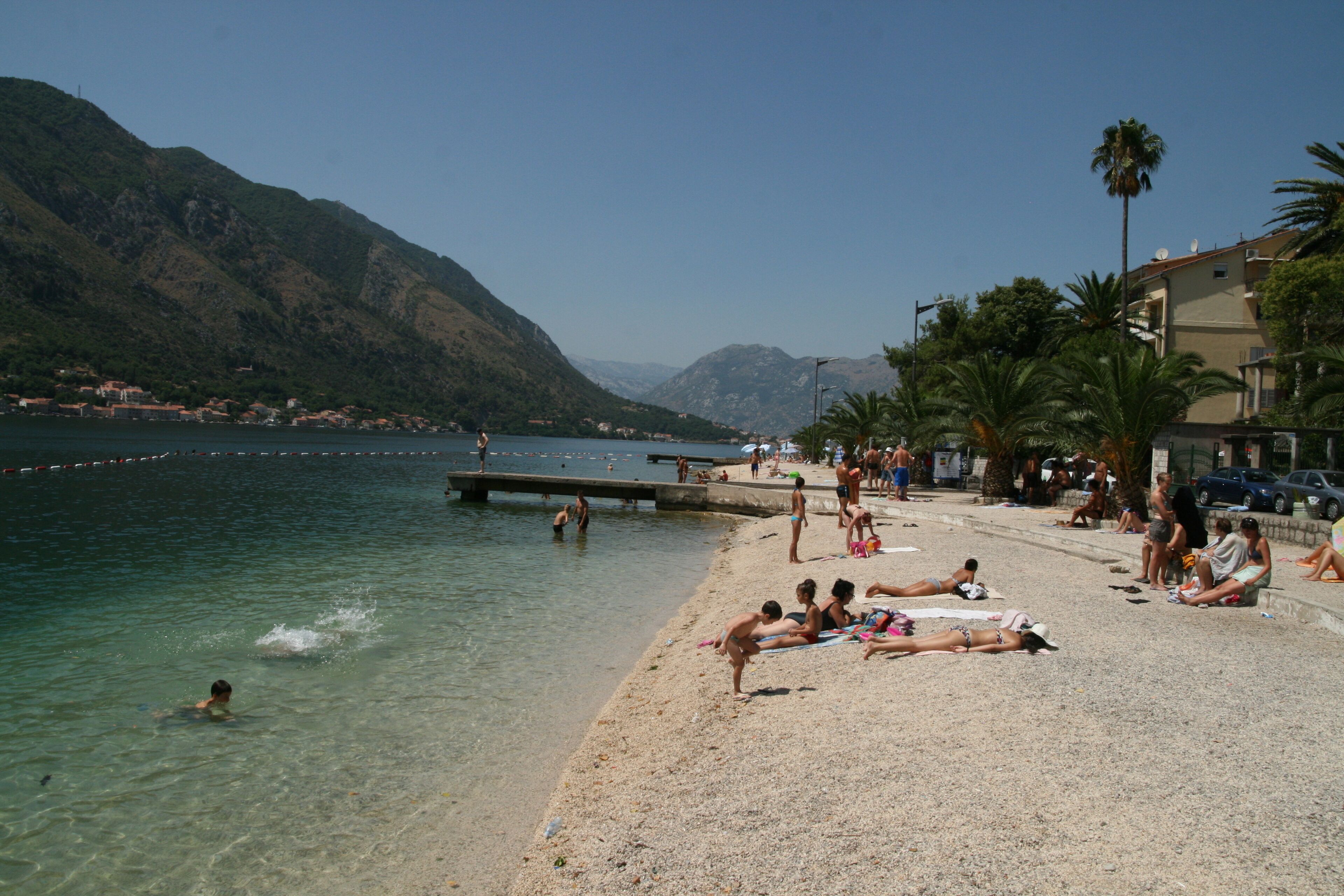 Dobrota beach just 500 metres from apartment, looking towards Prcanj.