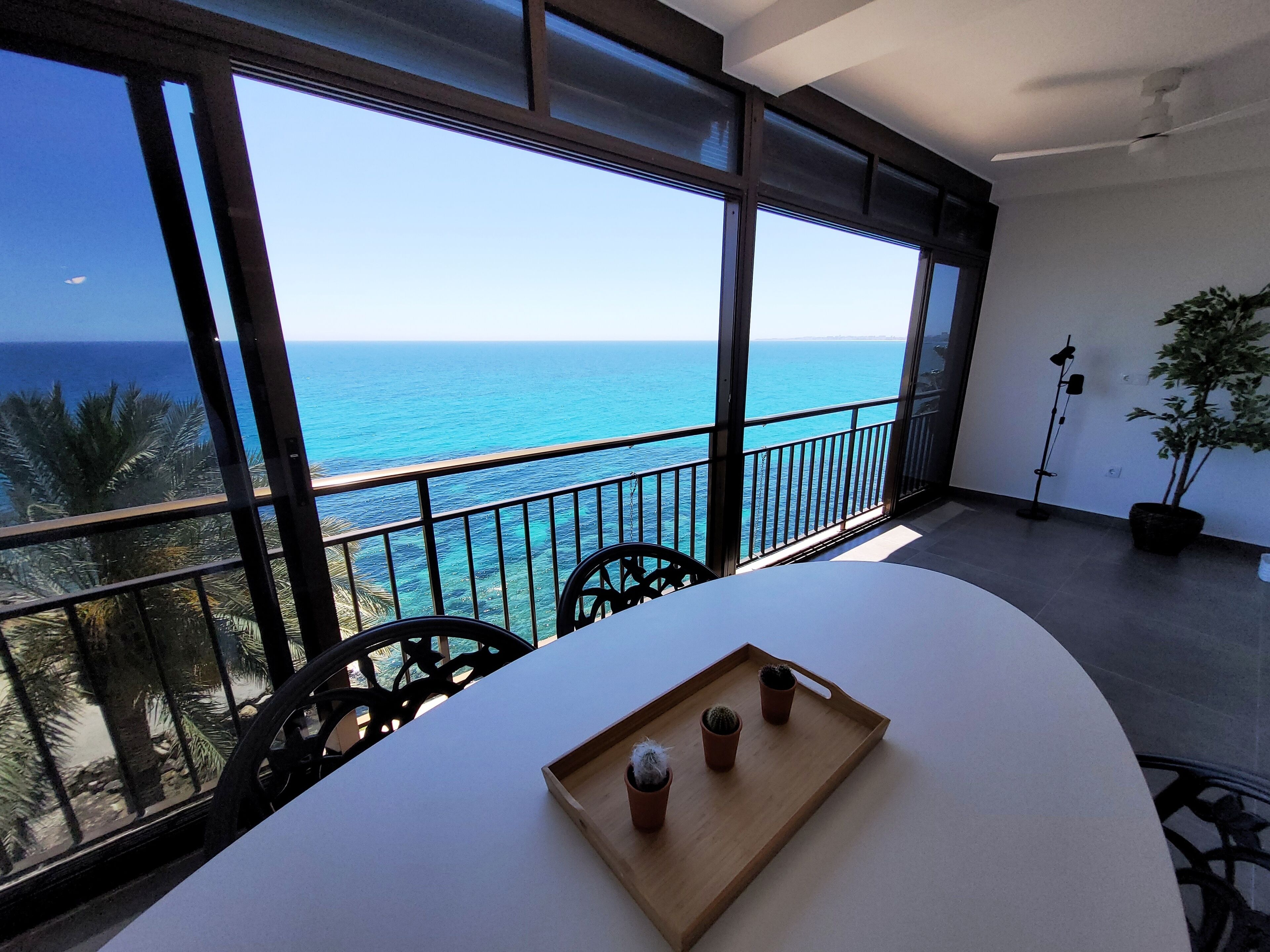 Un balcon avec vue sur la mer, une table sur laquelle se trouve un plateau rempli de divers objets, et une plante en pot.
